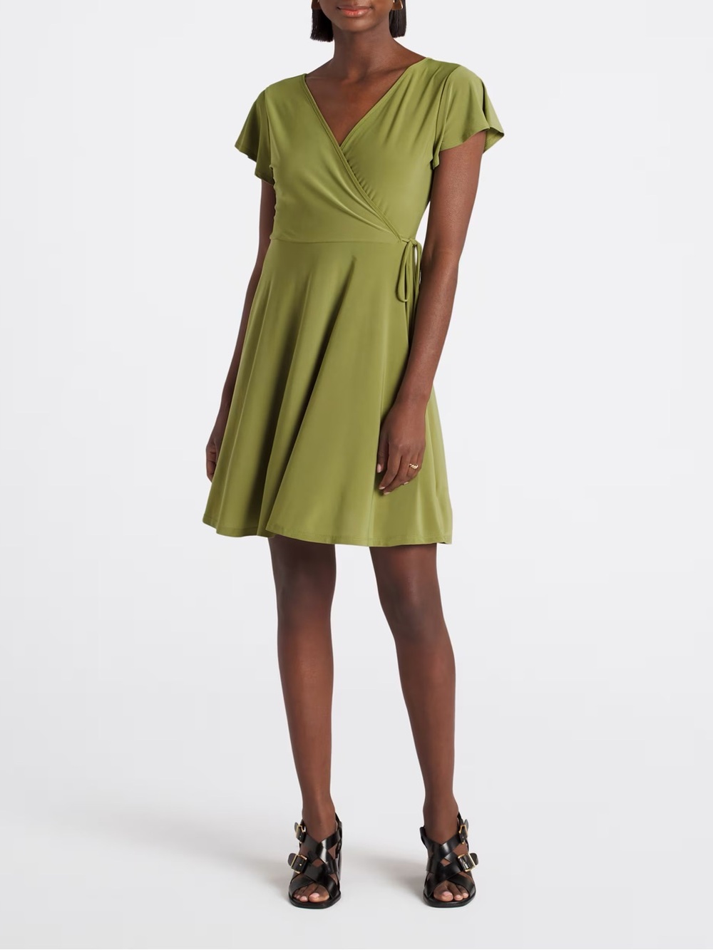 Kaileigh Kaela Faux Wrap Knit Dress — Olive Green Wrap Fit-and-Flare Dress